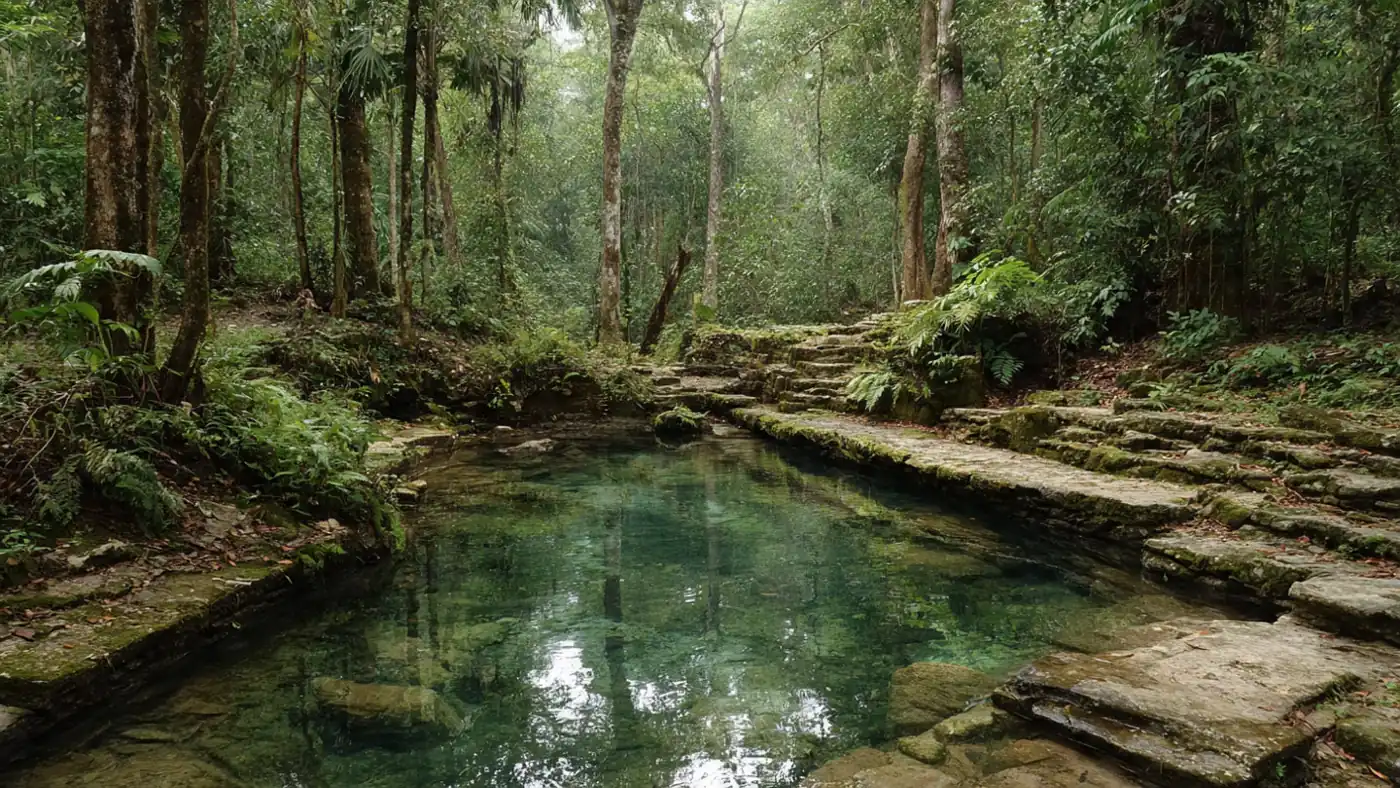 Clear cenote pool surrounded by jungle in the Riviera Maya