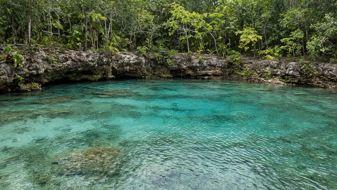 Wide turquoise cenote surrounded by jungle in the Riviera Maya