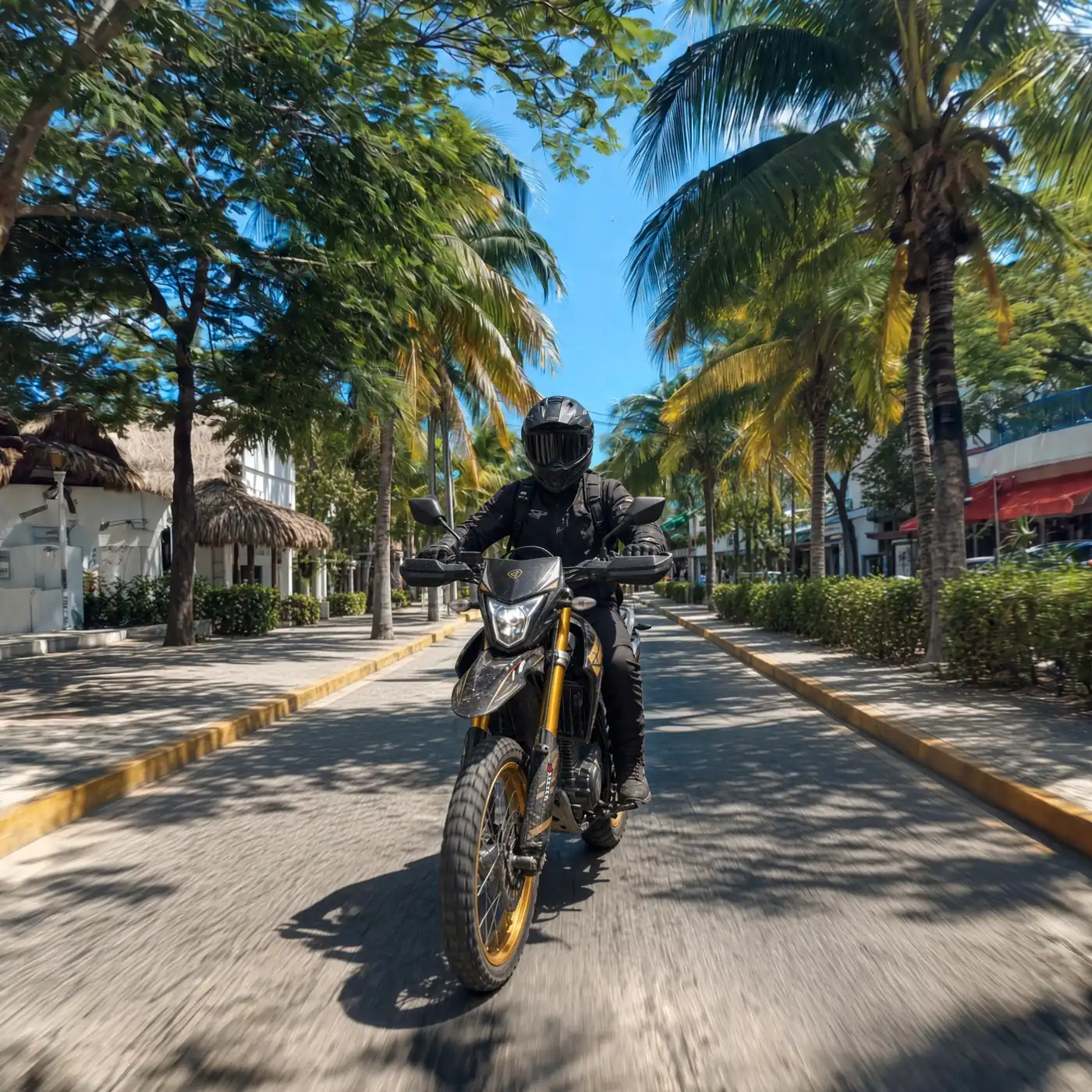 Rider on a dirt bike on a palm-lined avenue in Cancún