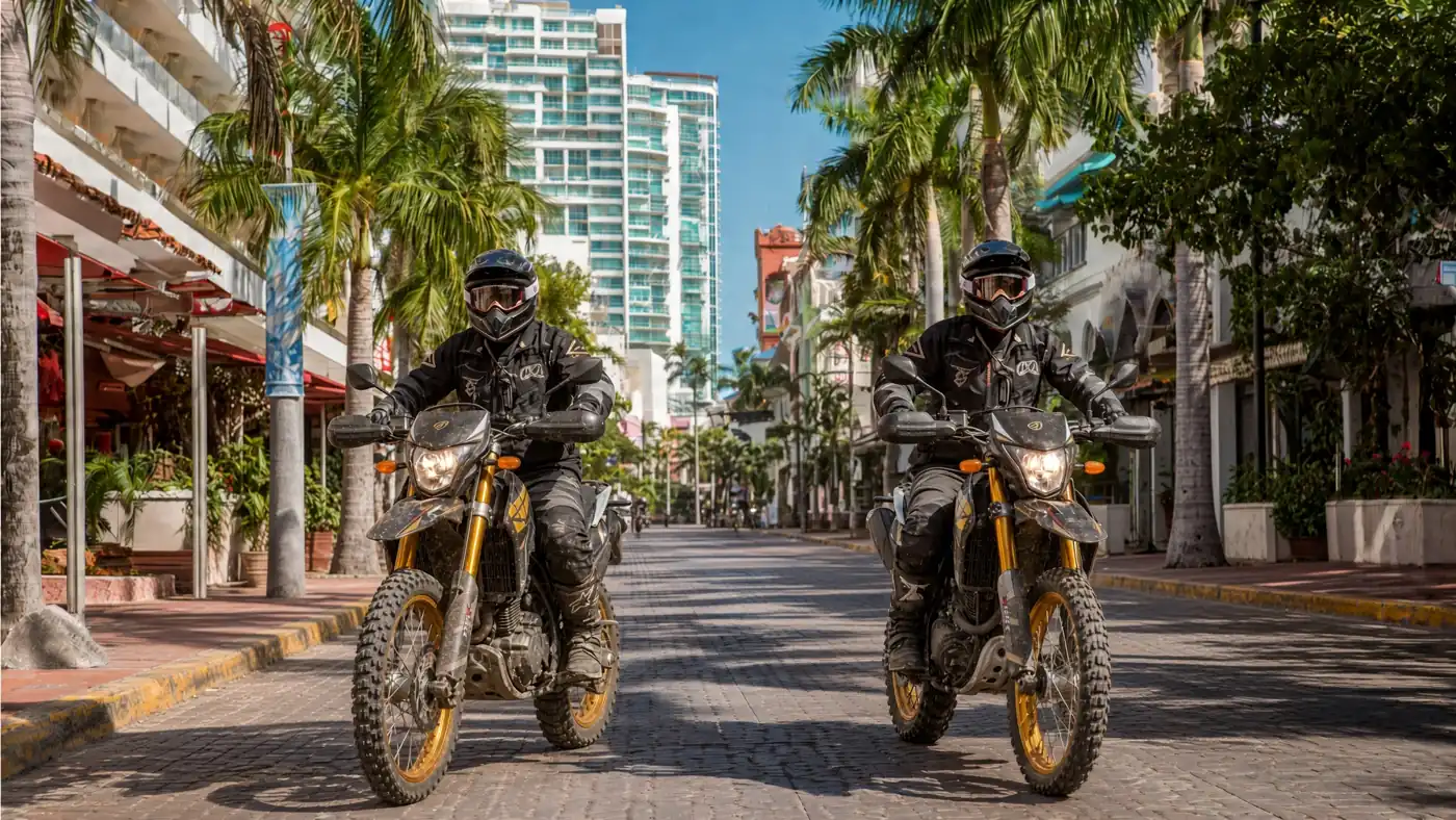 Two riders on dirt bikes on a palm-lined street in Cancún