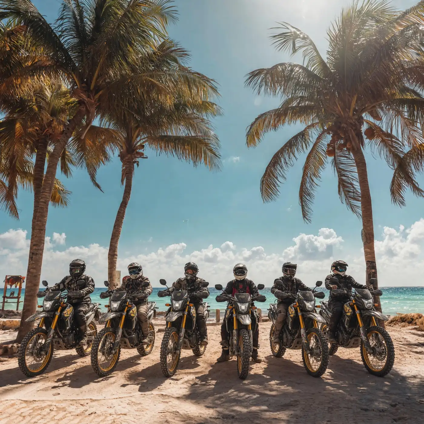 Six dirt bike riders lined up under palm trees on a Caribbean beach