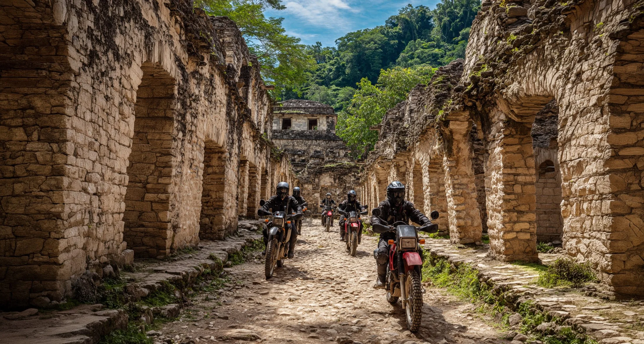 Riders passing through stone arches of jungle ruins