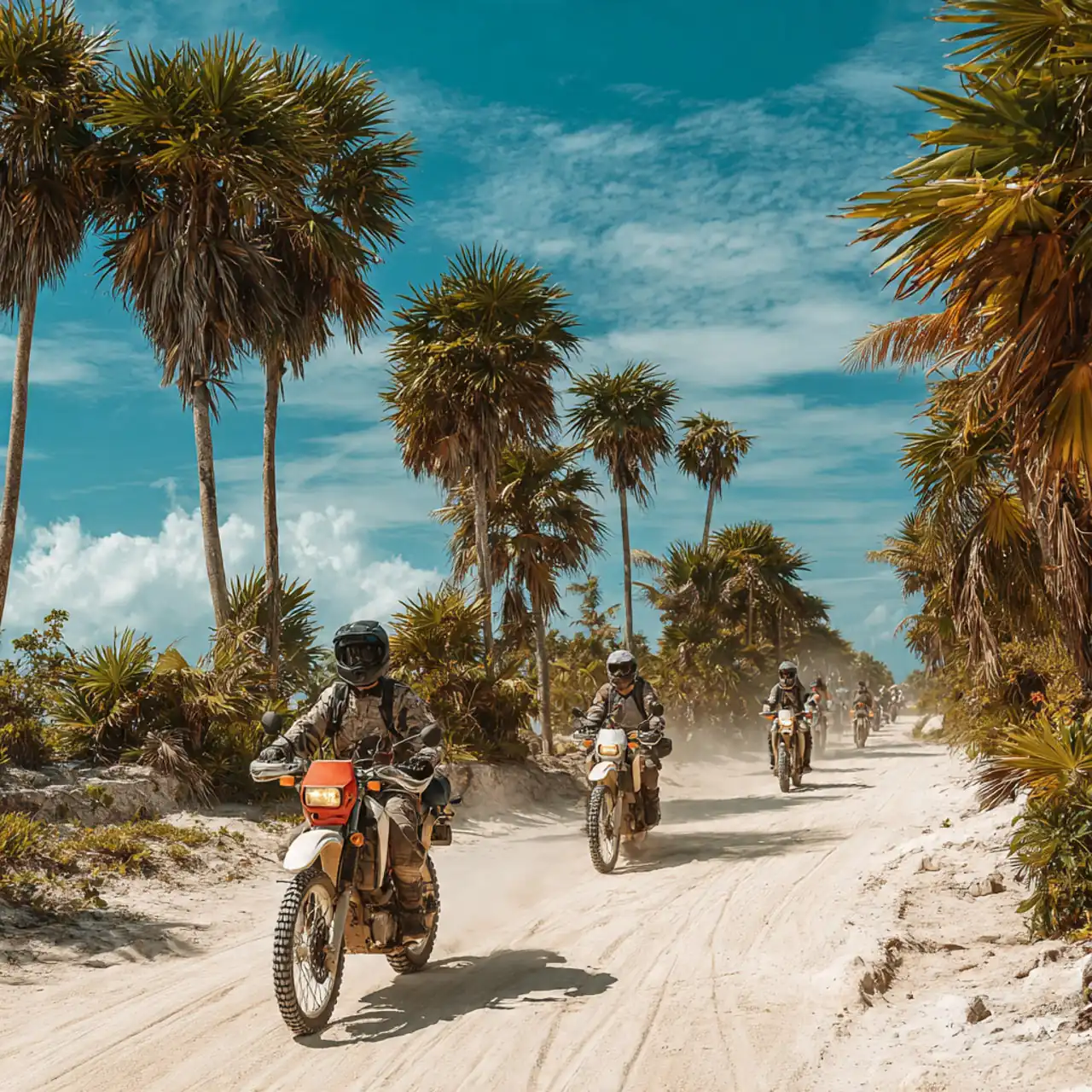 Off-road riders on a sandy track between palm trees north of Cancún