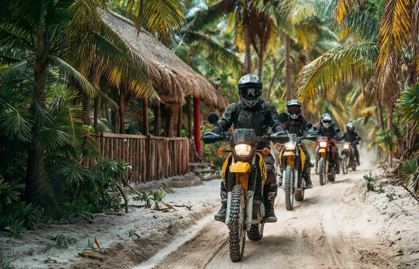 Maya Tour riders on a sandy jungle path past a palapa in the Riviera Maya