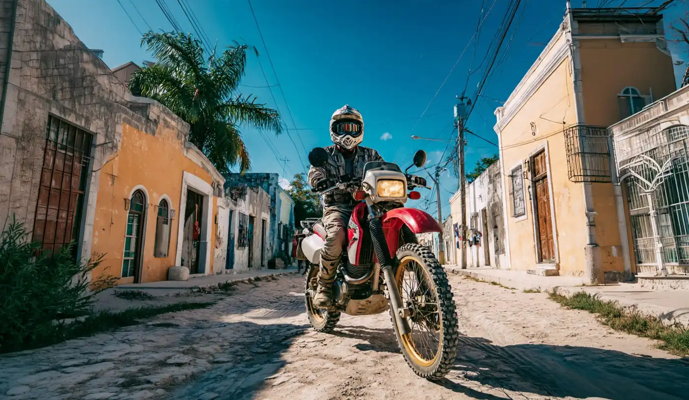 Rider on a dual-sport motorcycle in a colonial street with palm trees