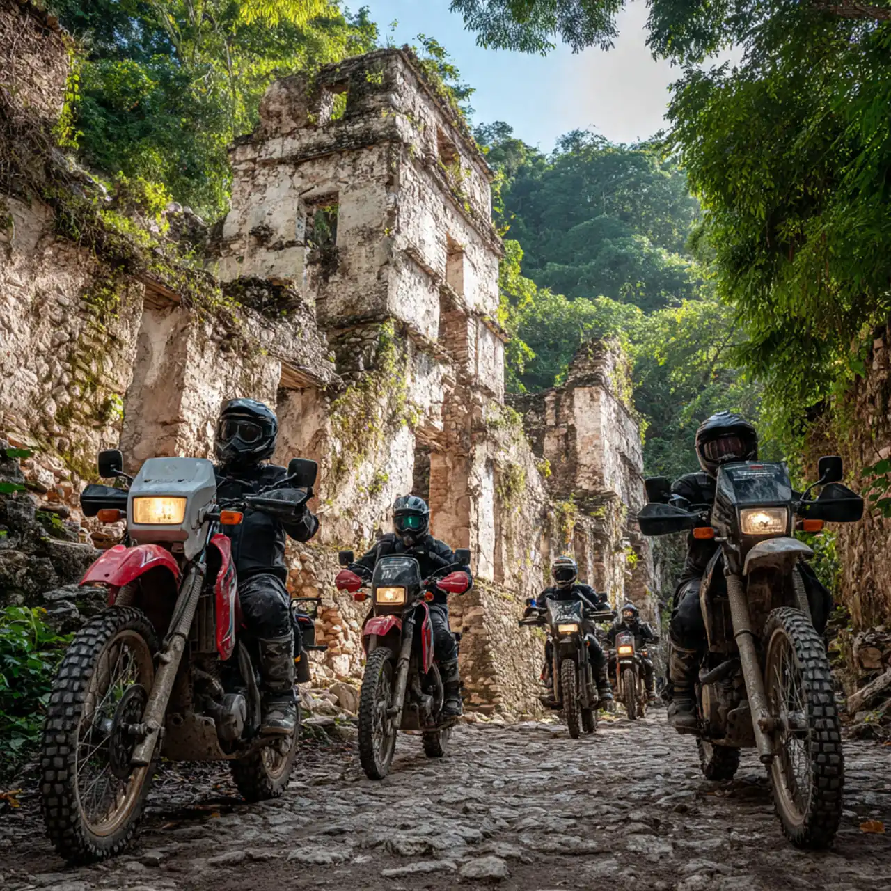 Motorcycle group riding past jungle-covered colonial ruins