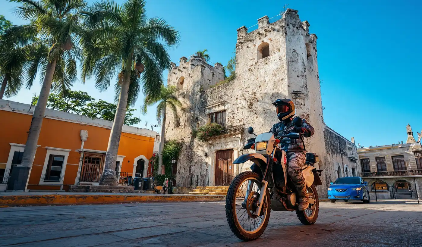 Rider on a dual-sport motorcycle by a colonial building and palm trees