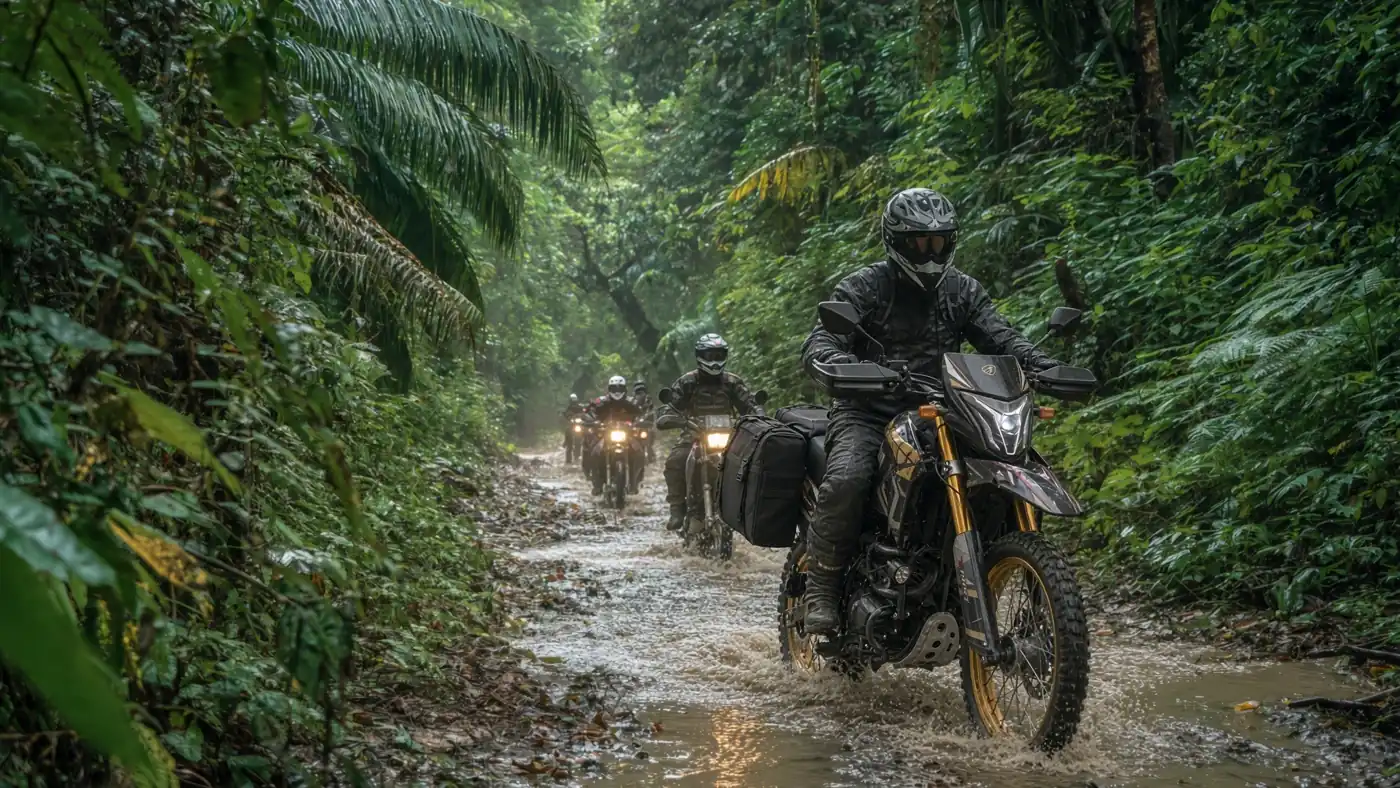 Enduro riders crossing a muddy jungle trail in the Riviera Maya