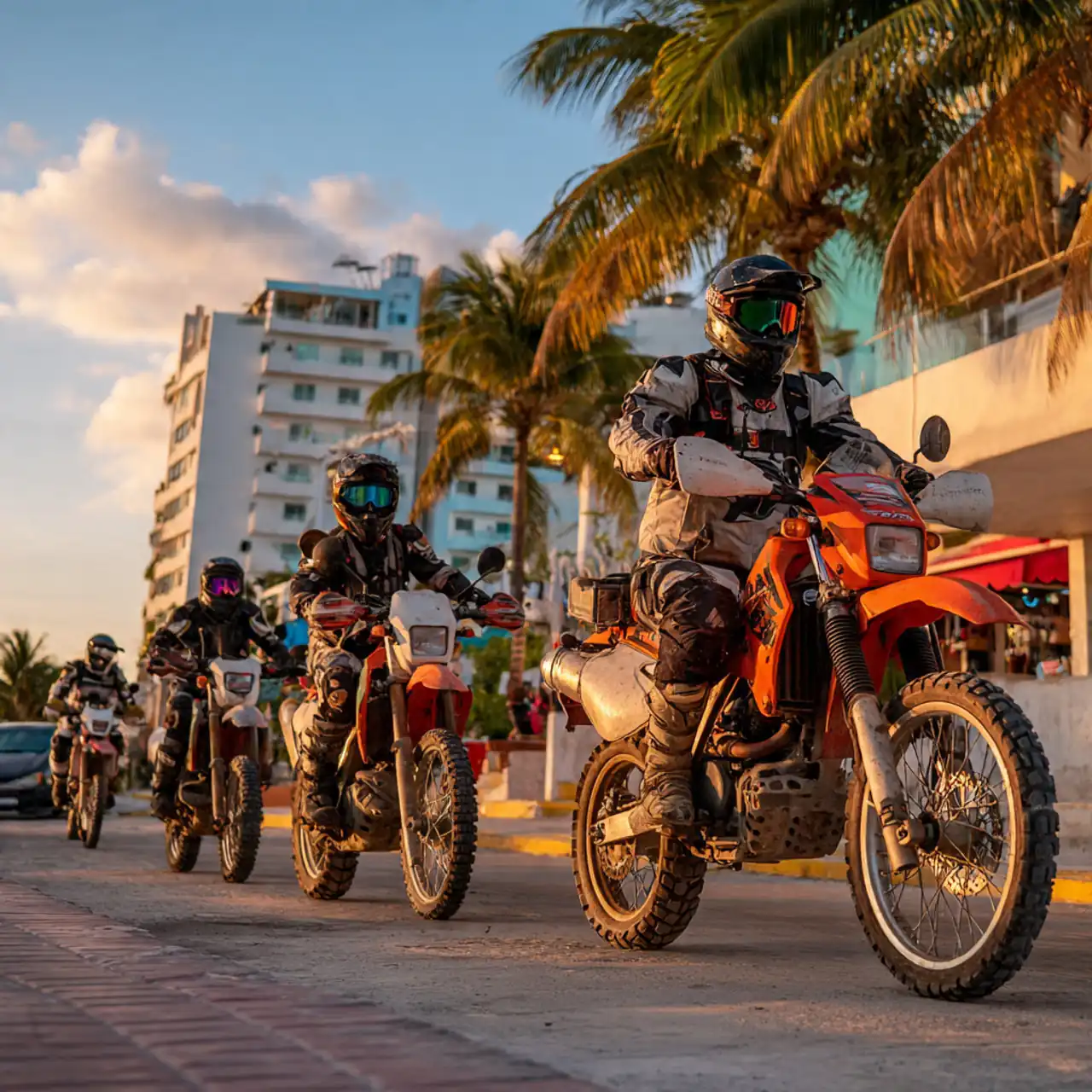 Motorcycle group riding along the Cancún hotel zone